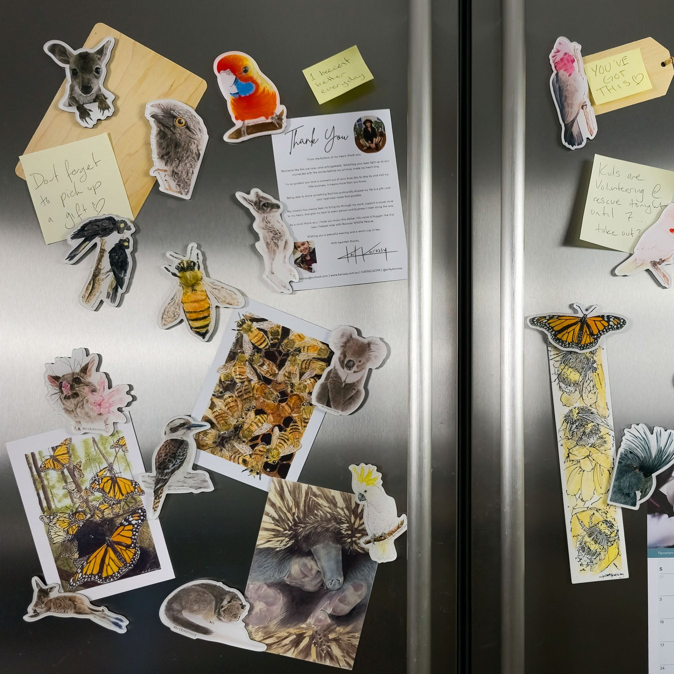 Fridge with various magnets including animals, nature scenes, and notes.