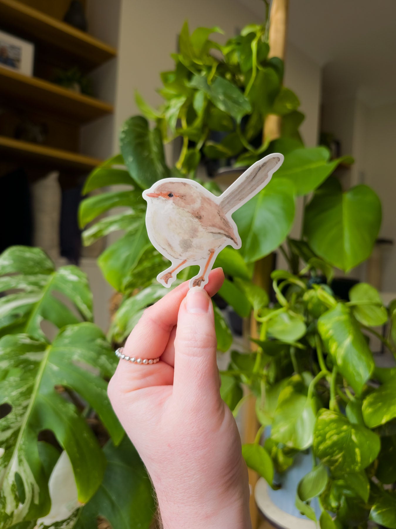 Hand holding a small bird temporary tattoo in front of green plants